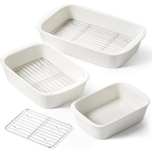 LE TAUCI Deep Casserole Dishes for Oven, 13.7x9.6 Ceramic Baking Dish Set with Roasting Racks, Large Lasagna Pans with Handles, Rectangular Bakeware as Gift for Mom, White (4.6QT/3.0QT/1.6QT), Set of 3