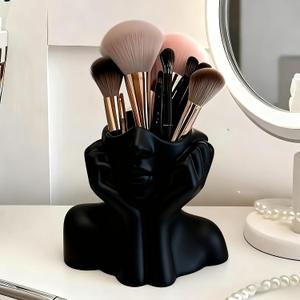 1 Cute Face-Shaped Makeup Brush Holder Relaxing Resting Pose, Artistic Desktop Accessory, No Assembly Required, Lightweight PVC (Black)