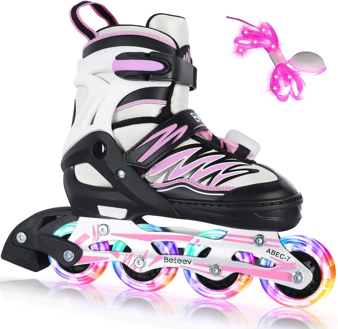 BELEEV Inline Skates with Light-Up Wheels & Shoelaces, 4-Size Adjustable Roller Blades for Kids, Boys & Girls Ages 5-8, 8-12, 6-12, Illuminating Skates for Youth & Women, Beginner Outdoor/Indoor Use (Pink)