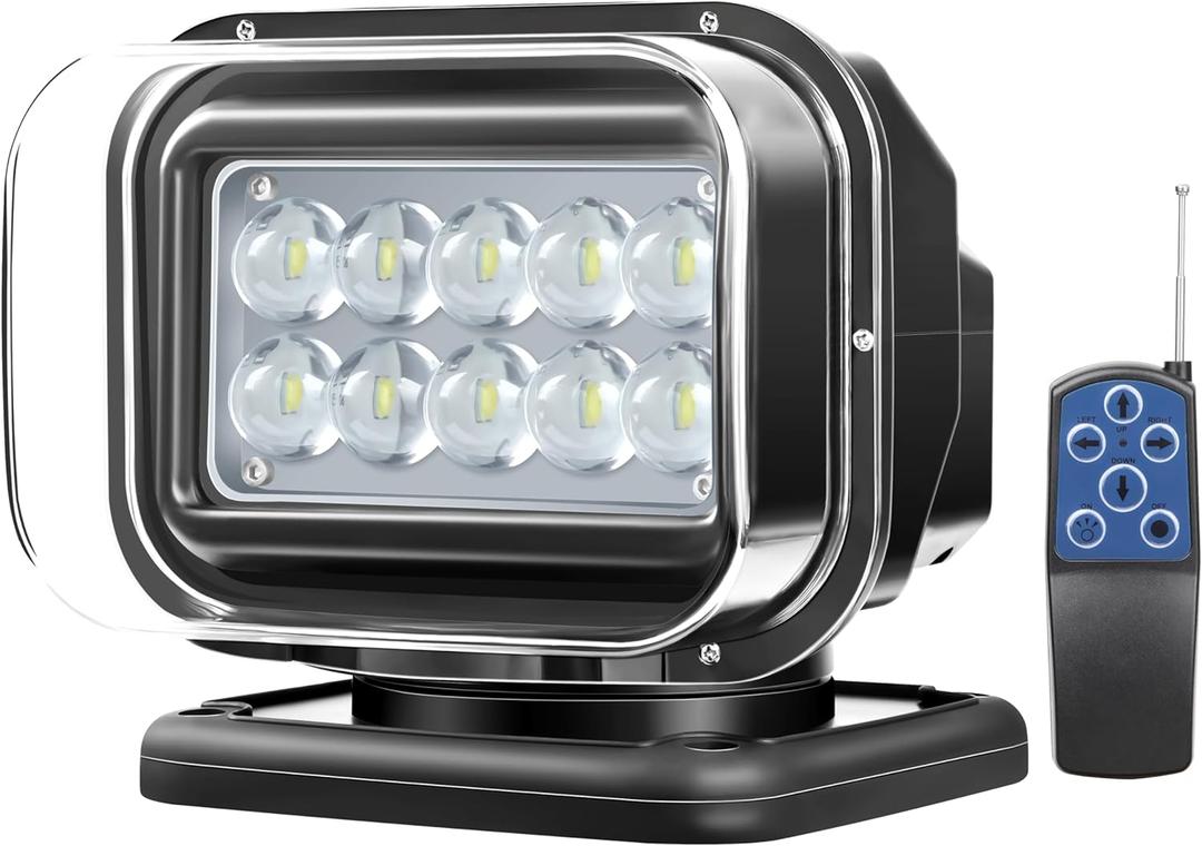 Remote Control LED Search Light, 50W 5000lm 7 Inch LED Spotlight for Truck Rooftop Hunting Boat Searching 360 Rotating, Off-Road Auxiliary Driving Searchlight 12V 24V Spot Light, 6 Magnets Built-in (Black)