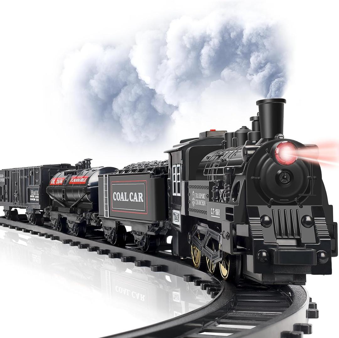 OCHIDO Train Set - Electric Train Toy Gift for Boys Girls,with Railway Kits,Steam Locomotive,Transport Vehicle &Tracks, Light,Smokes & Sound,Christmas Train Gifts for 3 4 5 6 7 8+ Year Old Kids