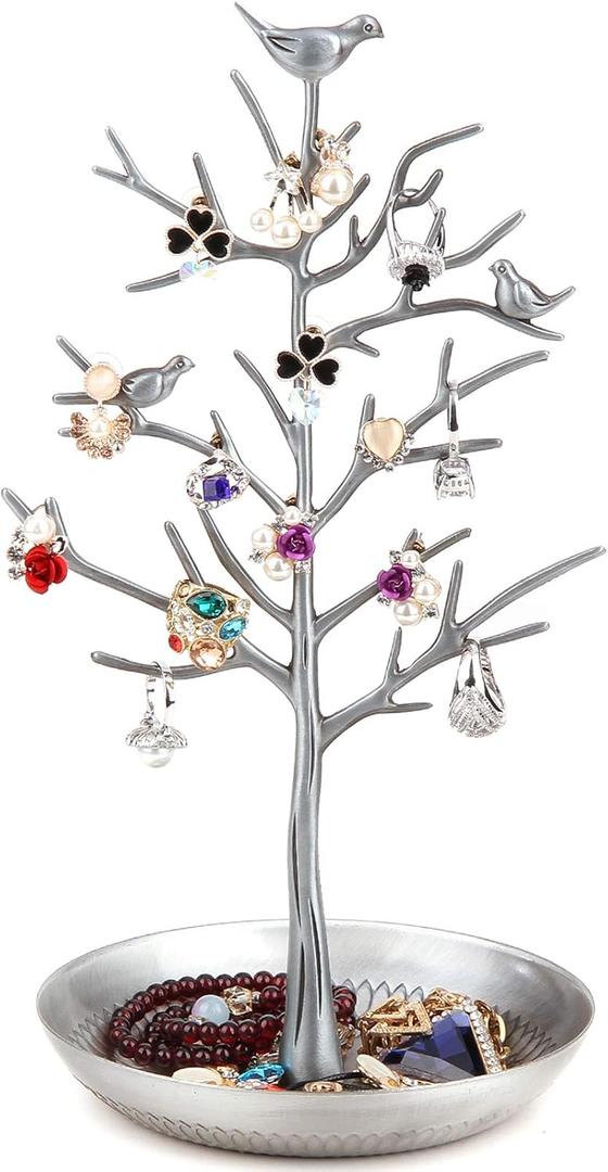 Jewelry Tree Necklace Earring Holder Modern Cute Bird Jewelry Stand for Women Girls Teen Silver
