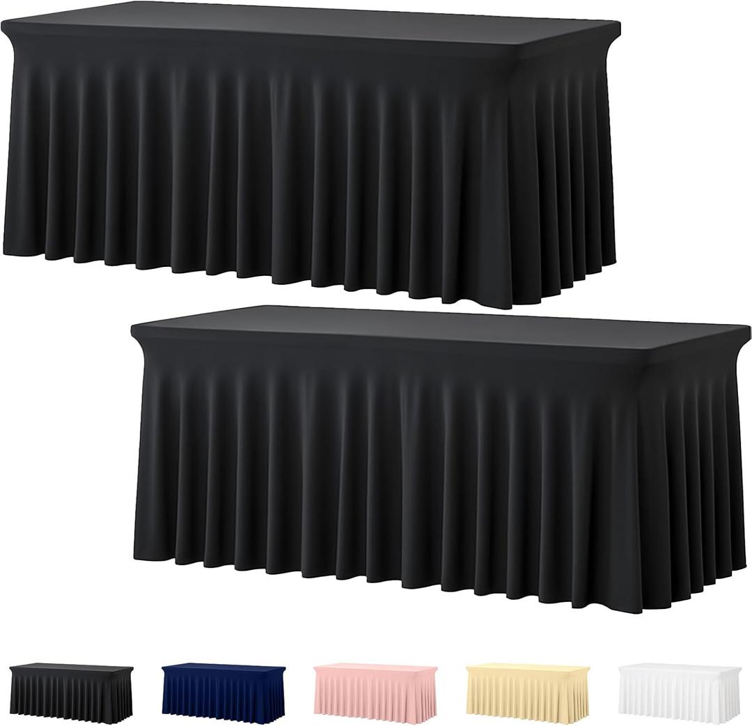 Deep Dream 2 Pack Black 8ft Spandex Tablecloth, Fitted Stretch Table Cover for 8 Foot Rectangle Tables 30x96 Inch, Wrinkle Free 8FT Tablecloth Table Skirt for Party, Banquet, Wedding and Events