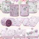 Vintage Floral Wired Edge Ribbon Purple Rose Flower Ribbon Retro Spring Fabric Ribbon for Wreath Bow Making DIY Crafts Wrapping, 4 Rolls, 24 Yard