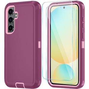 ONOLA Phone Case for Samsung Galaxy S24 FE Case with HD Screen Protector, Heavy Duty Shockproof & Dropproof 3-Layer Cover Phone Case for Galaxy S24 FE 6.7'',WineRed Pink