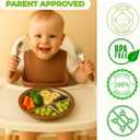 Stainless Steel Toddler Feeding Set 4 Pieces  Suction Plate, Silicone Bib, Spoon & Fork  Divided Plates for Baby Led Weaning, BPA-Free, Removable Shell (Mocha Mousse)