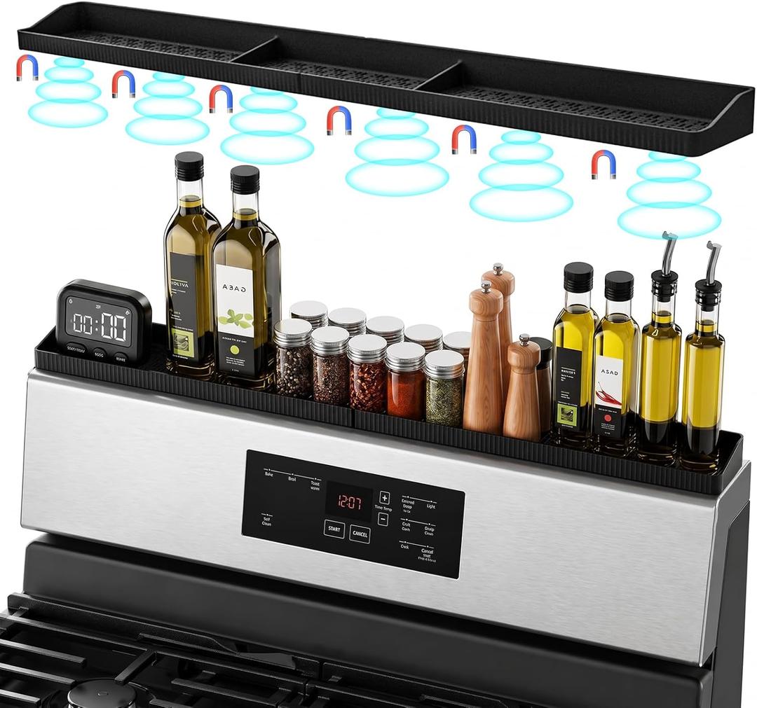 Foeacry 30 Inch Magnetic Stove Top Shelf - Heat Resistant Silicone Over Stove Spice Rack Organizer for Kitchen, No Drill, Easy Clean, Fits Gas & Electric Stoves (Black)