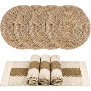 8 Pcs Handmade Boho Placemats Set of 4 Table Mats for Kitchen Dining Table Farmhouse Centerpiece Decor Natural Cotton Burlap and Water Straw Woven Combination Place Mats
