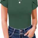 MISSJOY Womens Sexy Short Sleeve Bodysuits Crew Neck Ribbed Petal Sleeve Leotards Tops (Small, Grey Green)