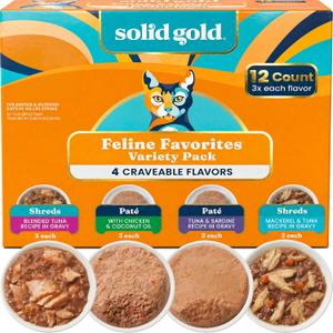 Solid Gold Wet Cat & Kitten Food, Pate & Shreds in Gravy, Variety 12ct (EXP 02/01/28)
