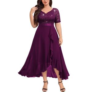 Knitee Women's Plus Size Sequin Lace Sweetheart Neck Ruffled Hemline Formal Evening Maxi Dresses Maroon (Purple, XXL)