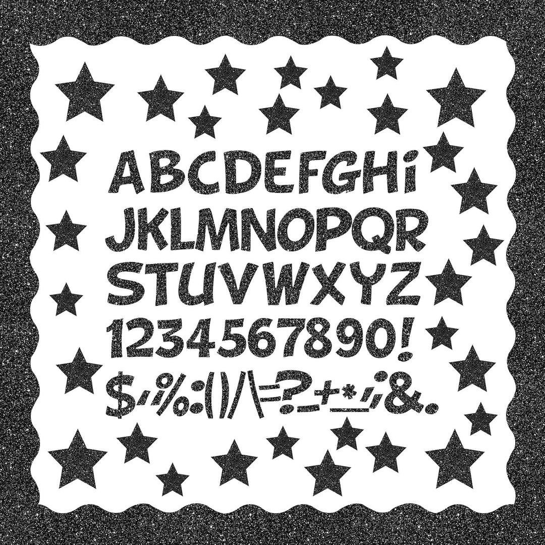 Containlol 188 Pcs Black Glitter Bulletin Board Border Poster Letter Star Cutout Set, 59 ft Scalloped Border Trim Alphabet Letter Stars Number Punctuations for Classroom School Decor