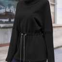 Fisoew Women's Turtleneck Sweatshirts Fleece Drawstring Waist Casual Long Sleeve Pullover Sweater Side Slit Tunic Tops (Black)