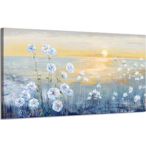 Blue Ocean Sunset Canvas Wall Art for Living Room Abstract Seascape Painting Coastal Beach Wildflowers Picture Natural Sea Landscape Print Sunrise With Yellow Orange Sky Seaside Artwork 20x40inch