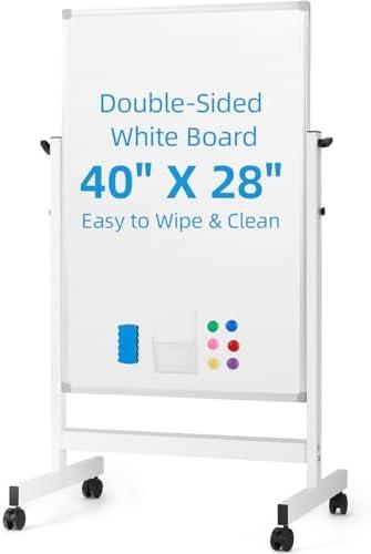 VOWNER Rolling Whiteboard, 40” x 28” Double Sided WhiteBoard on Wheels, Height Adjustable Dry Erase Board with Stand, Magnetic Mobile White Board for Office, Home, Classroom, White