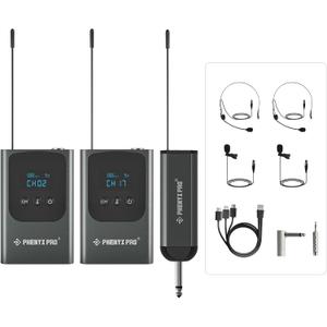 Phenyx Pro Dual Digital Wireless Microphone System, Portable Mini Receiver, 2x15 UHF Frequencies, 2 Bodypack Transmitters, Headset/Lapel Microphone for Singing, Karaoke (PDP-2-2B)