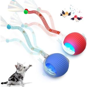 LORDTEC 2Packs Interactive Cat Toys for Indoor Cats, Interactive Cat Ball Toy with Elastic Mesh Tail, Automatic Cat/Kitten Toys with Chirping & Motion Activate, Cat Toys for Bored Indoor (Red+Blue)