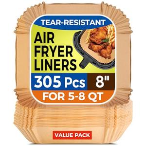 Vailnd Air Fryer Liners Disposable, 305 PCS Unbleached Air Fryer Paper Liners, 8" Square Airfryer Liners for 5-8 QT Airfryer Basket, Non-stick & Oil-Proof Parchment Paper for Oven, Pan