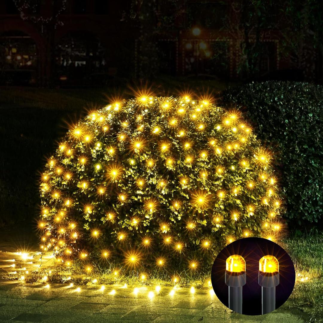WBao Outdoor Christmas Lights 200LED F8 Big Bulbs, 8.4ft x 5.2ft Christmas Net Lights with 8 Modes, Timer, End to End Connectable, Waterproof for Lawn, Bushes Outdoor Xmas Decorations, Warm White (Plug in)