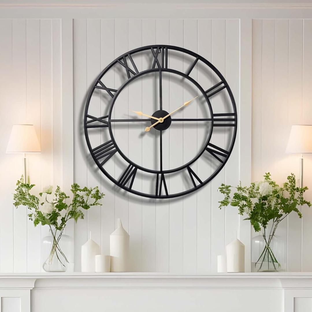 Vantic 32 Inch Large Wall Clock, Roman Numeral Metal Oversized Wall Clocks for Living Room Decor, Bedroom and Kitchen, Completely Silent, Non Ticking, Battery Operated