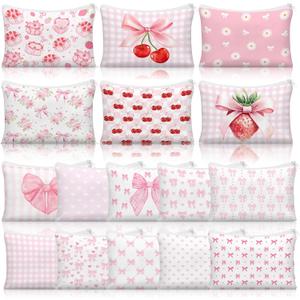 Kacctyen 16 Pack Coquette Makeup Bag Pink Bow Cherry Cosmetic Bag for Women Girly Wedding Aesthetic Pouch Lovely Heart Strawberry Preppy Pouch Zipper Gift for Coquette Birthday Party Favor Supplies