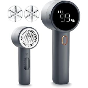 Fabric Shaver, Lint Remover Rechargeable, Electric Portable Sweater Defuzzer with 3 Speeds, 6 Leaf Blades, Digital LED Display to Remove Pilling for Clothes, Furniture, Sweater, Couch, Blanket (Gray)