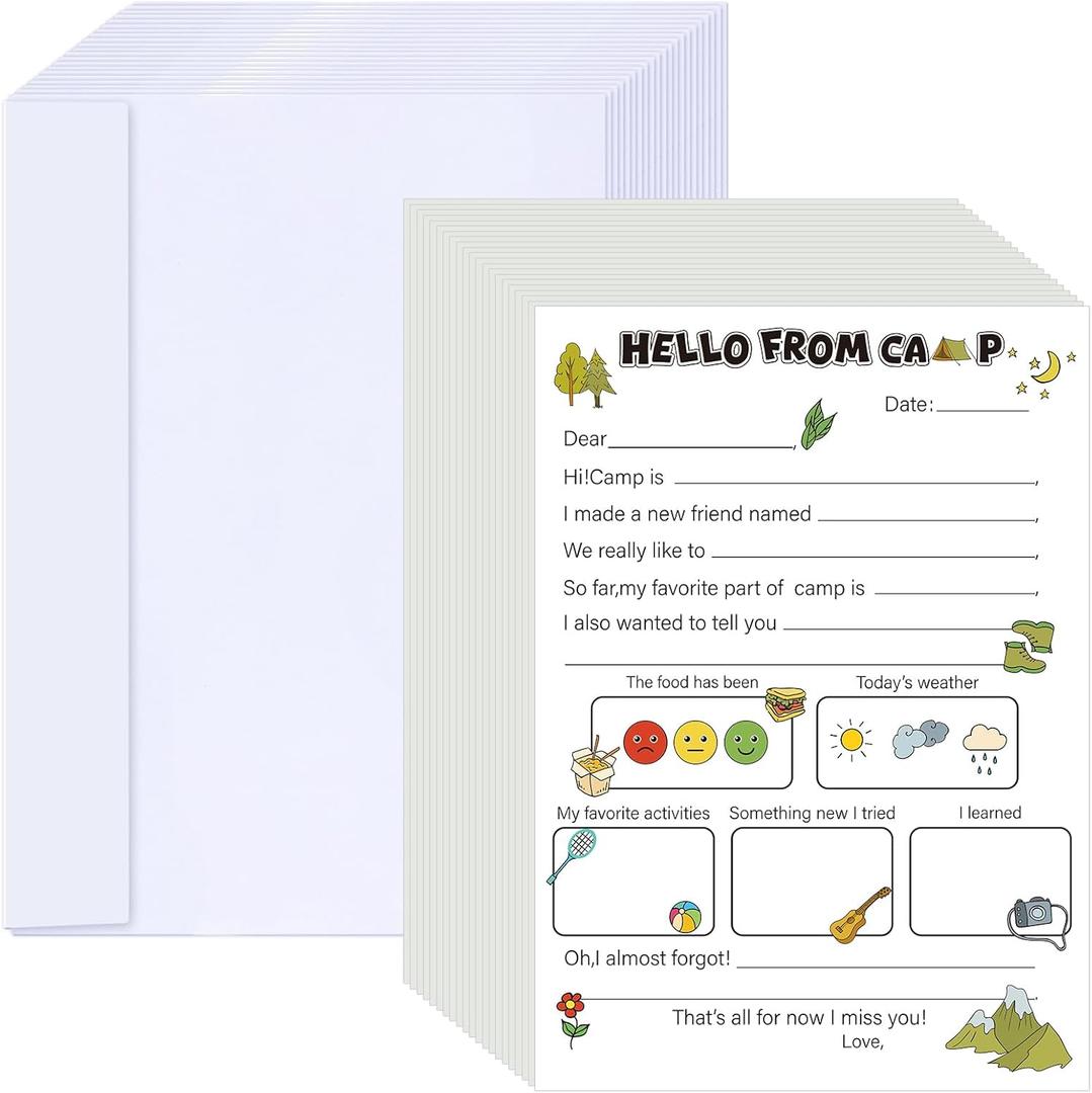 12 Set Camp Stationary Fill in The Blank Postcards 11.6'' x 8.6 '' Summer Sleepaway Camp Fillable Letters with White Envelopes Camping Fun Activities for Teenagers Adults