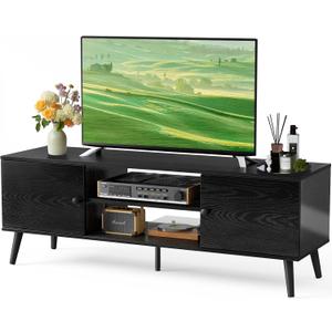 DUMOS TV Stand for 55 60 inch TV, Entertainment Center with Storage Cabinet, Mid Century Modern Media Console Table, Adjustable Hinge, Wooden Television Furniture for Living Room, Office - Black