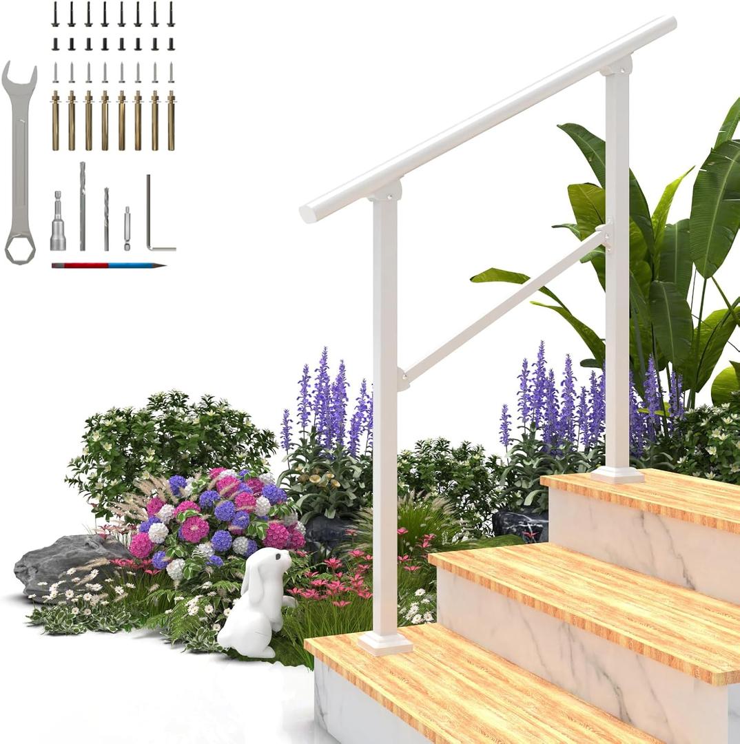 Hand Rails for Outdoor Steps, 3 Step Handrail Stair Railing for Seniors for Porch Railing Deck Hand Rail Easy to Install and Sturdy (White)