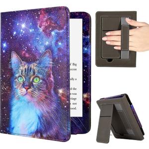 Case for 7"/6.8" Kindle Paperwhite (12th/11th Gen, 2024/2021), Kindle Colorsoft Signature Edition Case, PU Leather Foldable Stand Cover with Hand Strap & Auto Wake/Sleep, Space Cat