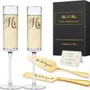 Mr and Mrs Champagne Flutes, Bride and Groom Champagne Glasses, Wedding Glasses with Cake Cutting Set, Bridal Shower Gifts, Unique Wedding Gift Engagement Gifts for Couples (Golden Printing + Gold Cutter Set)