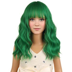 Kids Green Wig for Girls Green Child Wig with Bangs Short Wavy Wigs for Kids Shoulder Length Heat Resistant Synthetic Wigs