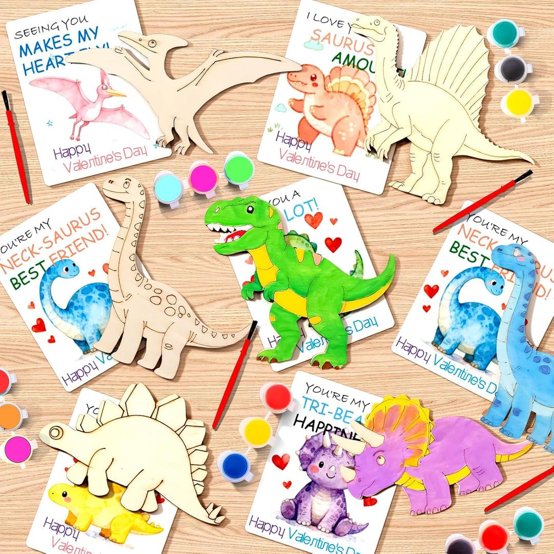 xFFFun Valentines Day Gifts for Kids - 28 Pack Dinosaurs Wood Painting Craft Kits with Dino Valentines Cards School Classroom Valentine Gifts Boy Girl Exchange Party Favors Bulk