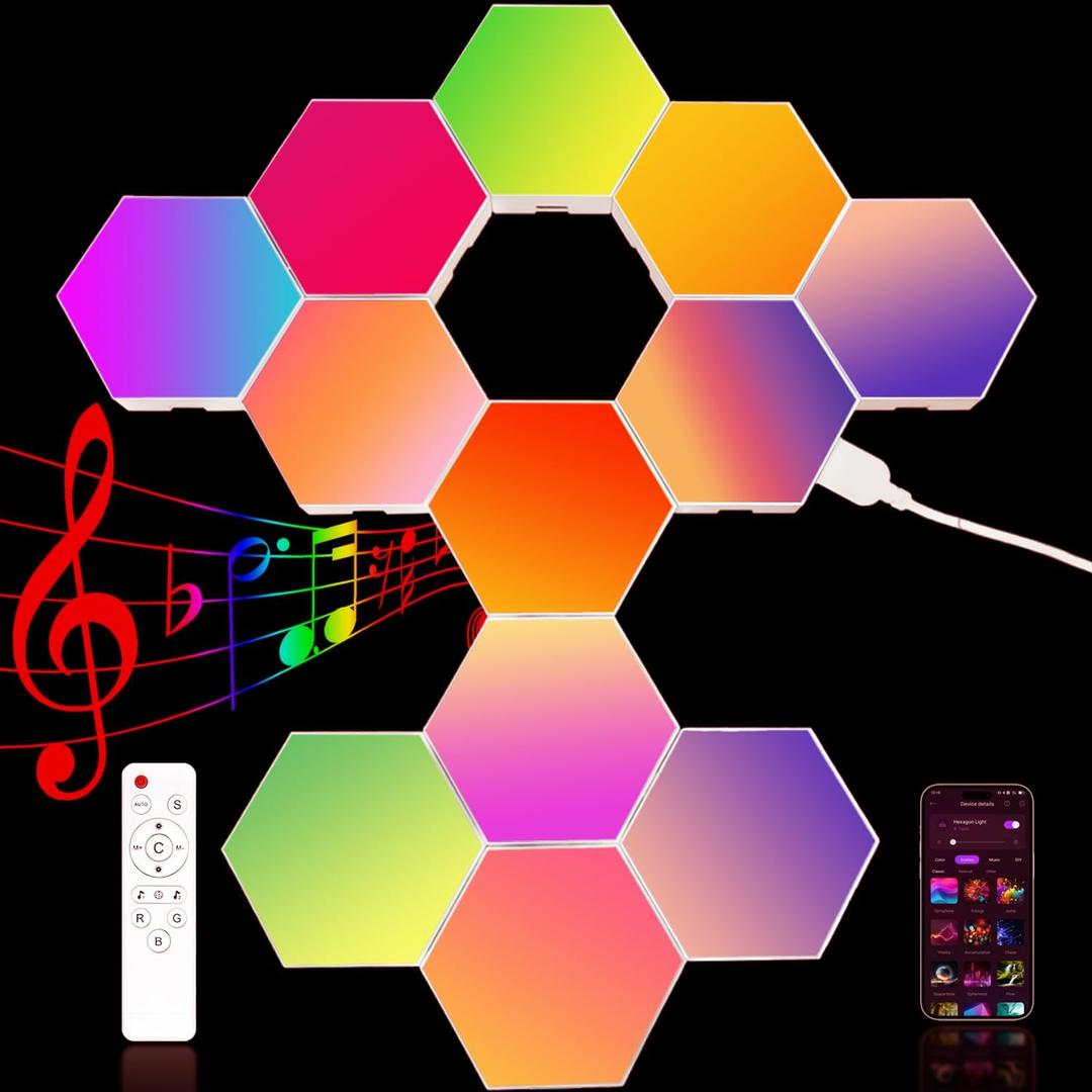 12Pack Hexagon Lights for Wall LED, That Sync with Music, APP & Remote Controls Hex Lights, RGB LED Wall Panels for TV, Bedroom, Living Room, Game Room Decor
