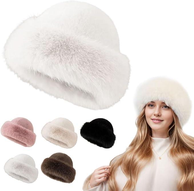 Faux Fur Bucket Hat for Girls Women,Warm Fuzzy Furry Mink Hat,Fashion Fisherman Cap (One Size, White)