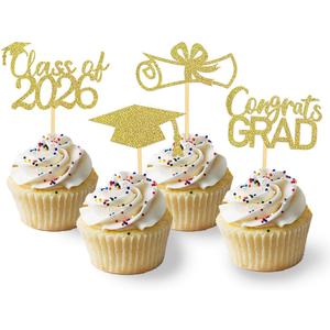 2026 Graduation Theme Cupcake Toppers Glitter Class of 2026 Graduation Cap Diploma Cupcake Picks - Set of 24 (Gold)
