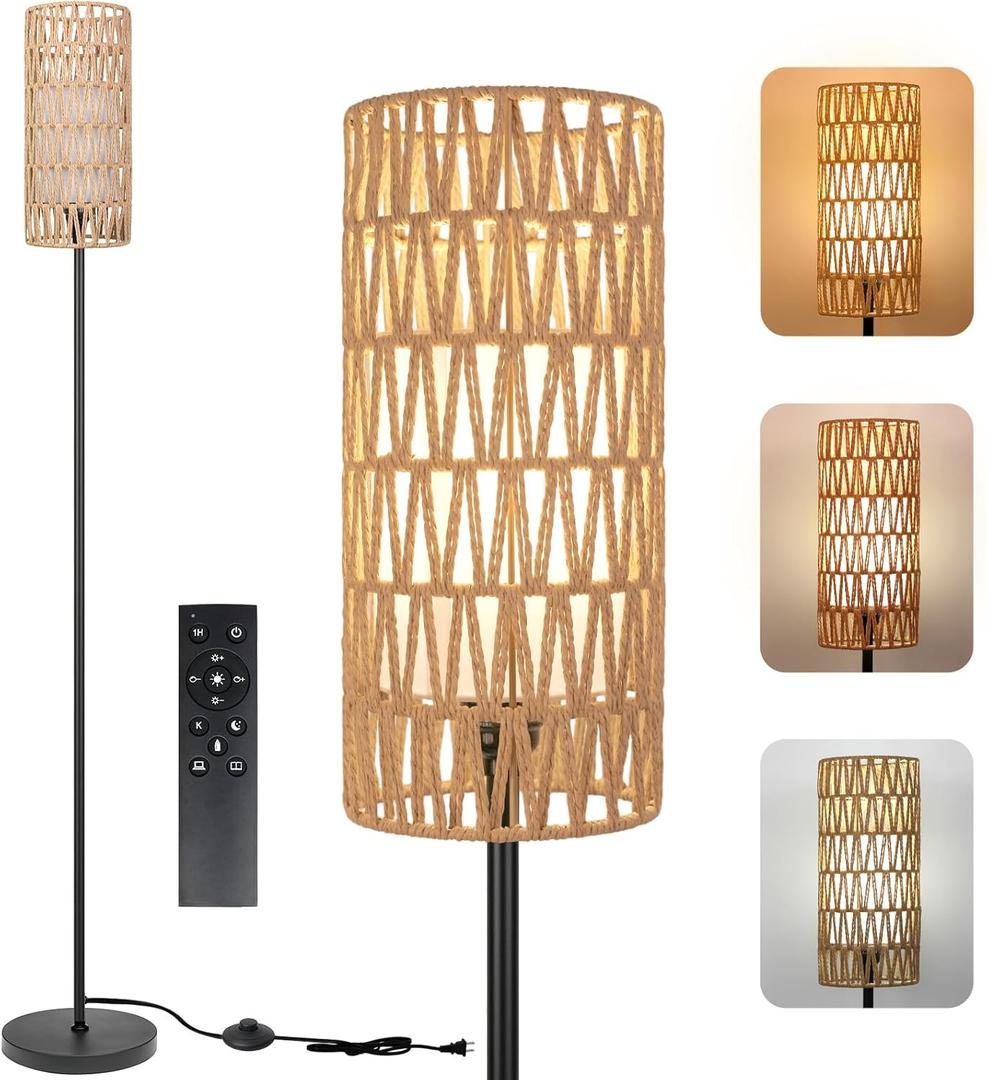 Floor Lamp for Living Room,Farmhouse Floor lamp,Modern Standing lamp with Hand-Worked Rattan Shade (Double Shade-with Remote)