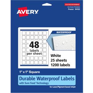 Avery Printable Durable White Square Labels, Sure Feed Technology, 1" x 1", Print-to-The-Edge, Waterproof Labels, Laser & Pigment-Based Inkjet Compatible, 1200 Total