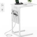 Vagusicc C Shaped End Table with Charging Station, Small Side Table for Couch, Couch Side Tables C Table, Slide Under Sofa Recliner Table TV Tray Arm Tables for Living Room, Bedroom, Bedside, White