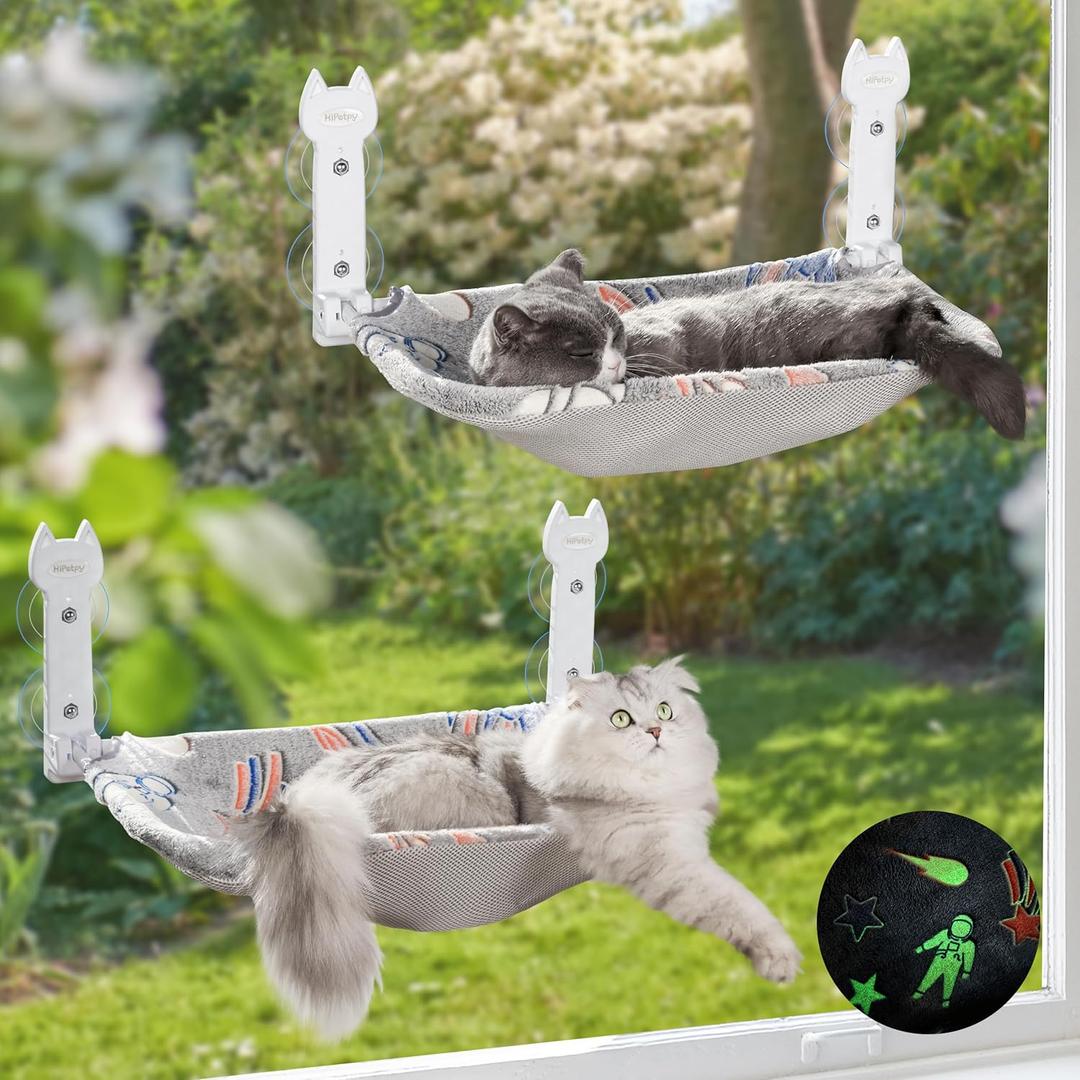 HiPetpy 2 Pack Cat Window Perch, Glow in The Dark Foldable Cat Hammock with Sunken Design & Removable Soft Cover, Breathable Cordless Window Bed for Resting Indoor Kitten (Shallow Perch, 2 Pack - L)