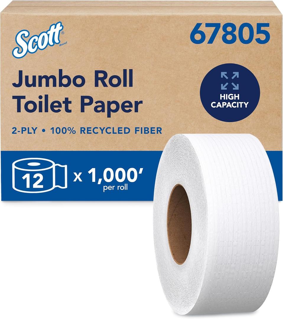 Scott Professional 100% Recycled Fiber High-Capacity Jumbo Roll Toilet Paper, Bulk (67805), 2-Ply, Septic Safe, White, Non-Perforated (12 Rolls at 1,000' Each, 12,000'/Case), 12 Count