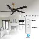 WINGBO 54 Inch DC Ceiling Fan without Lights, 5 Reversible Carved Solid Wood Blades, 6-Speed Noiseless DC Motor, Ceiling Fan No Light with Remote, Brass Finish with Black Blades, ETL Listed