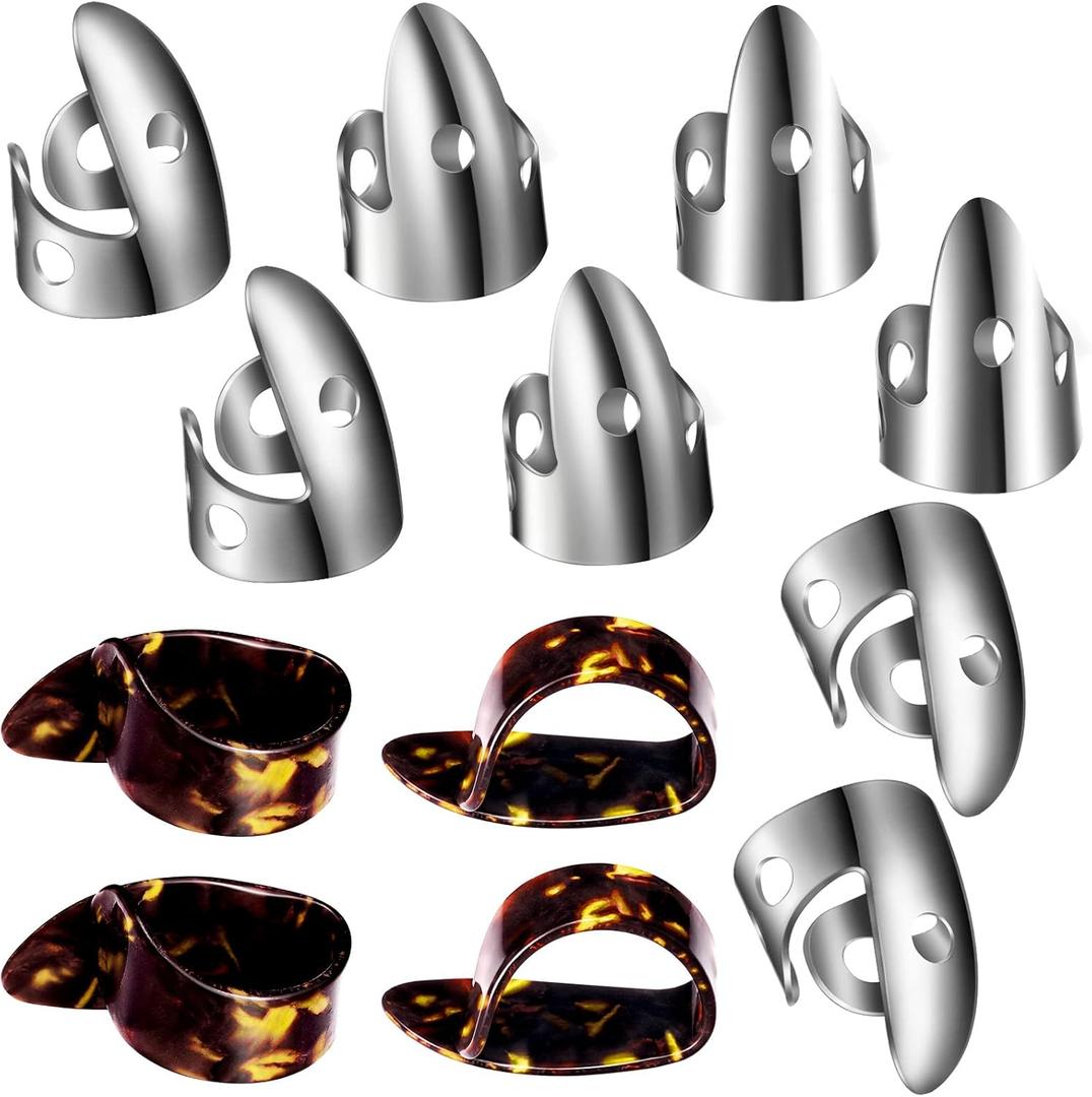 Shappy 12 Pcs Steel Finger Picks Set, Including Stainless Steel Finger and Thumb Picks, Metal Adjustable Bass Guitar Accessories for Guitar Banjos(Stylish Style)