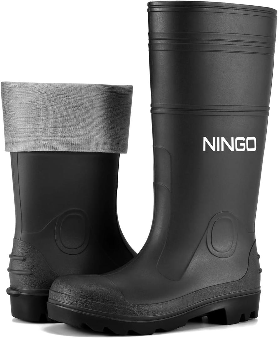 NINGO Men's Steel Toe Rain Boots, Waterproof Rubber Boots, Seamless PVC Rainboots, Puncture and Slip Resistant, Outdoor Fishing Gardening Boots for Men, for Agriculture and Industrial Working (10, Black)