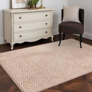4x6 Beige Herringbone Area Rug for Living Room Bedroom, Machine Washable Non Slip Indoor Rug Modern Minimalist Woven Textured Soft Low Profile Floor Carpet for Dining Room Office Home Decor