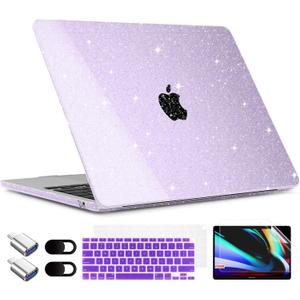 TWOLSKOO for MacBook Air 13.3 inch Case 2021-2018 M1 A2337 A2179 A1932 with Retina Display, Plastic Hard Shell Case with Keyboard Cover & Type C Adapter 2 Pack & Camera Cover, Glitter Purple