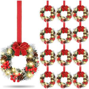 12 Pcs Mini Christmas Cabinet Wreath with Lights Prelit 8" Artificial Small Pinecone Front Door Wreath with Bow Xmas Hanging Garland for Kitchen Window Stairs Railing (Red)