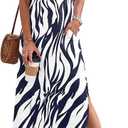 MISFAY Women's Summer Casual Maxi Dress 2026 Short Sleeves V Neck Loose Sundress Split Long Beach T Shirt Dress Vacation Outfits(Navy Blue Leaf,S) (S)