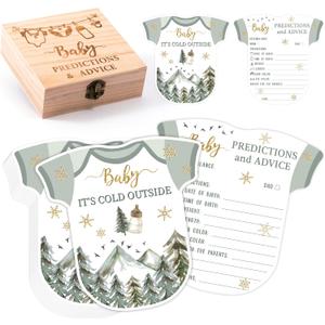 Winter Adventure Baby Shower Game - 50Pcs Baby It's Cold Outside Winter Wonderland Snowflake Advice & Prediction Cards with Wooden Keepsake Box for Christmas Party Decor Supplies Gift