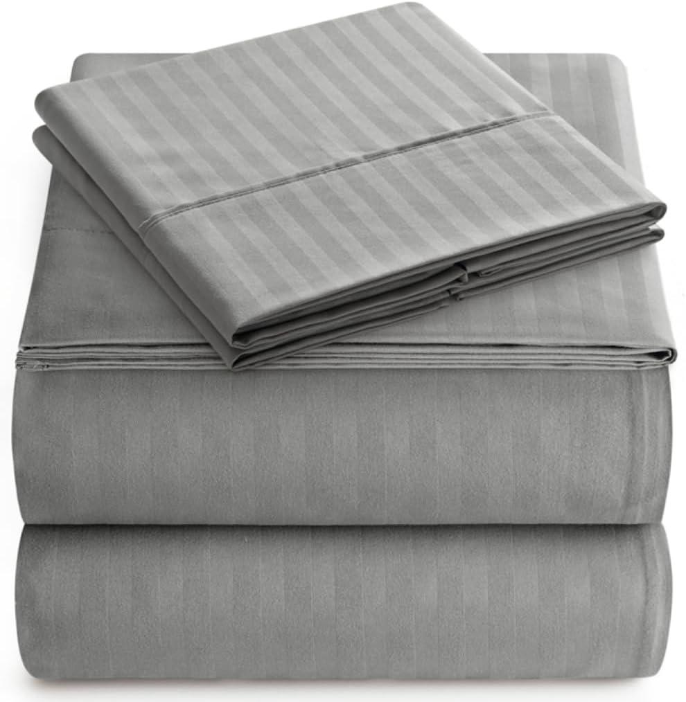 Queen Sheet Set - 4-Piece Striped Queen Size Bed Sheets - Soft & Cooling Deep Pocket Queen Bed Sheet Set - Wrinkle-Free Microfiber Bedding with 1 Fitted Sheet, 1 Flat Sheet, 2 Pillowcases (Grey)